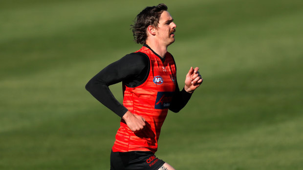 Joe Daniher running at Essendon training on Tuesday, a sight for many sore eyes among the Bombers faithful. 