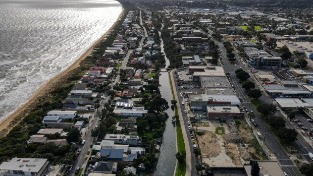 An aerial view of the site for the proposed buildings, on land between Nepean Highway and Kananook Creek.