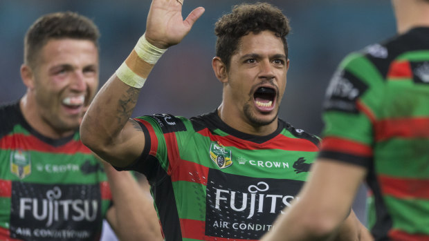 Fortress: Dane Gagai reacts to great defence by the Rabbitohs against the Storm.