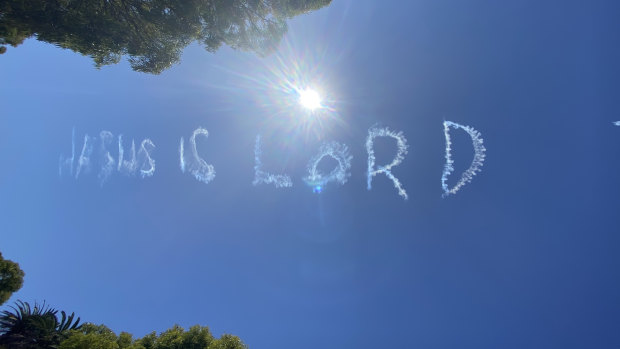 In the heavens: Sunday’s sky-writing over the WorldPride festivities.
