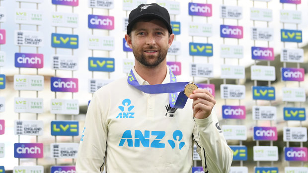 Devon Conway poses with his man of the match award after the first Test against England at Lord’s.