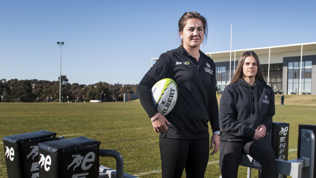 Collegiate competition: University of Canberra sevens players Sammie Wood and Darcy Read. 