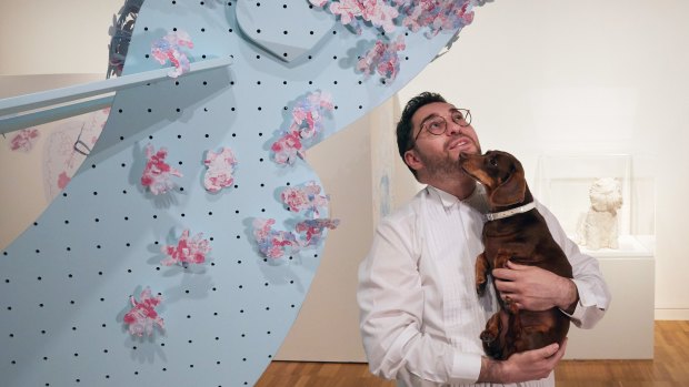 David Capra and his dog Teena in the Kaldor Studio project as part of the exhibition Making art public: 50 years of Kaldor Public Art Projects at the Art Gallery of NSW. 
