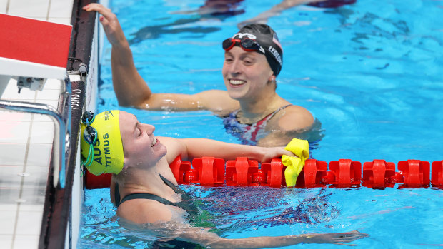 Ariarane Titmus and Katie Ledecky after their duel in the 400-metre freestyle.