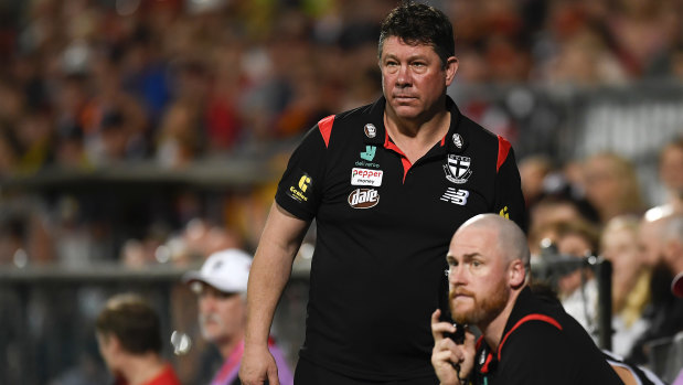 Saints coach Brett Ratten and assistant Jarryd Roughead watch on during the round 13 clash with the Crows in Cairns.