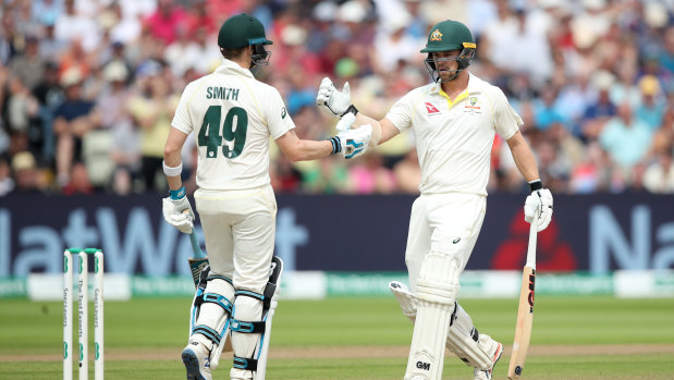 Steve Smith and Travis Head during the first Test of the 2019 Ashes. 