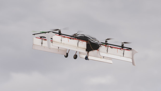 A scale model of the Verti-plane in the air at the Canberra Model Aircraft Club on Tuesday.
