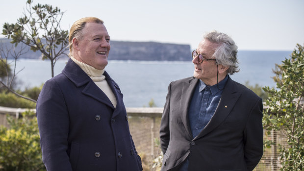 From left, James Hanson, great-great-great-grandson of Henry Johnson, brother of James Johnson, who was rescued off the cliffs at South Head, speaks to Australian filmmaker George Miller  at a ceremony commemorating the rescue.