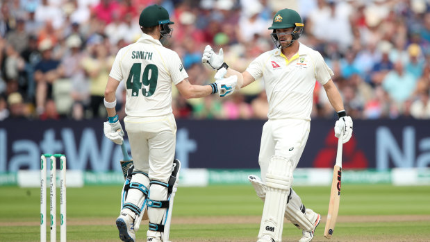 Steve Smith and Travis Head during the first Test of the 2019 Ashes. 