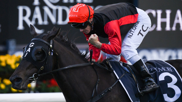 Tim Clark salutes on Con Te Partiro in the Coolmore Legacy Stakes.