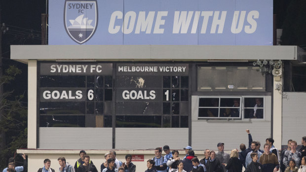 The scoreboard in the A-League semi-final between Sydney FC and Melbourne Victory.