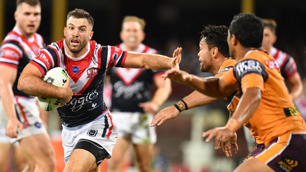 Brush-off: Roosters fullback James Tedesco turns on the afterburners against his old club.