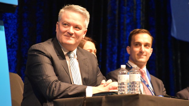 Finance Minister Mathias Cormann listens to Prime Minister Scott Morrison address the WA Liberal Party Conference.
