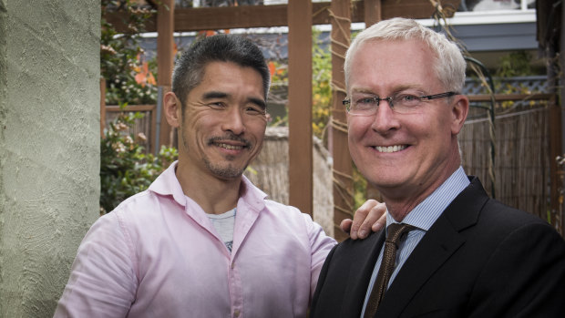Bruce Miller (right), former ambassador to Japan, has been appointed as an Officer of the Order of Australia. Pictured here with his husband  Mikio Ishizawa.