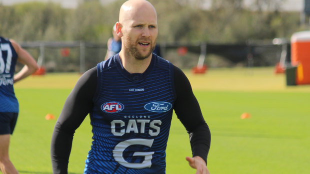 Gary Ablett trains at an oval near Optus Stadium in Perth. Picture: Geelong Football Club