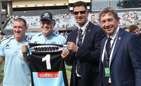 Heavy hitters: Keogh with club skipper Paul Gallen, No.1 ticket holder and now Prime Minister Scott Morrison, and former CEO Lyall Gorman in 2016. 