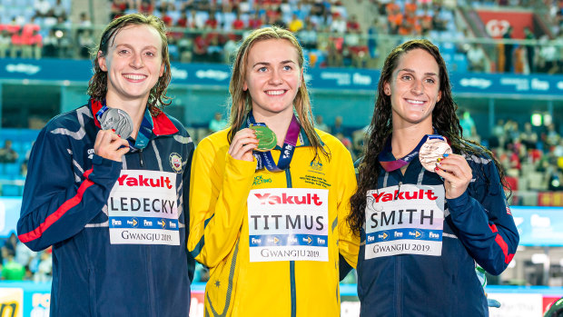 Ariarne Titmus (centre) took the prized scalp of Katie Ledecky (left) at the 2019 world championships.