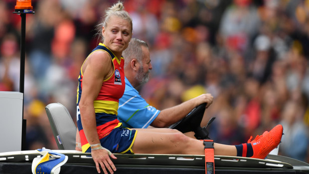 Best afield: Erin Phillips starred for Adelaide before being carried from the ground after suffering a knee injury.