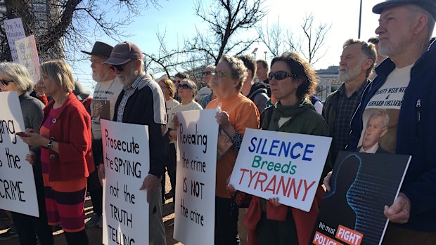 Protesters gather outside the ACT Magistrates Court on Wednesday in support of Witness K and Bernard Collaery.