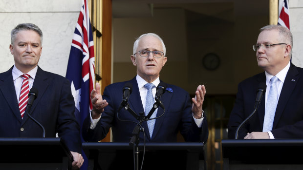 Prime Minister Malcolm Turnbull, Minister for Finance Mathias Cormann and Treasurer Scott Morrison
