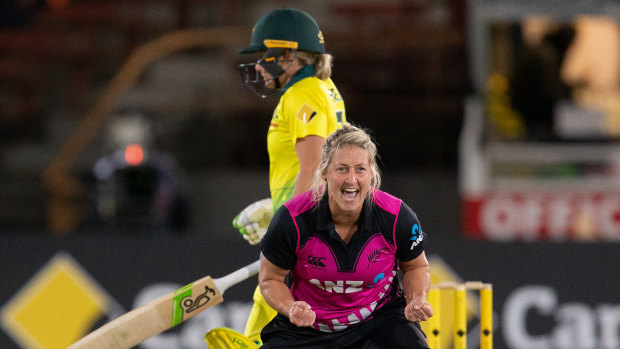 Momentum shift: Sophie Devine of New Zealand celebrates the wicket of Alyssa Healy.