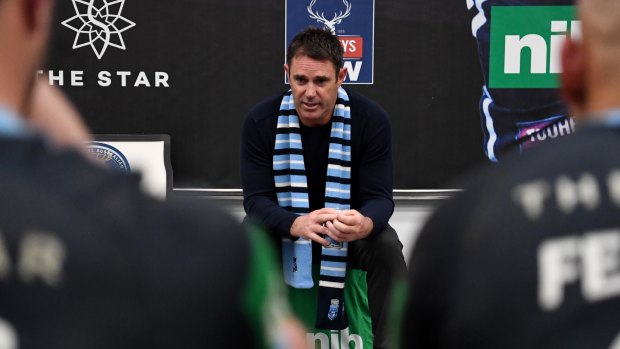 Back in the winner's circle: Brad Fittler addresses the Blues after the win in Origin II in Perth.