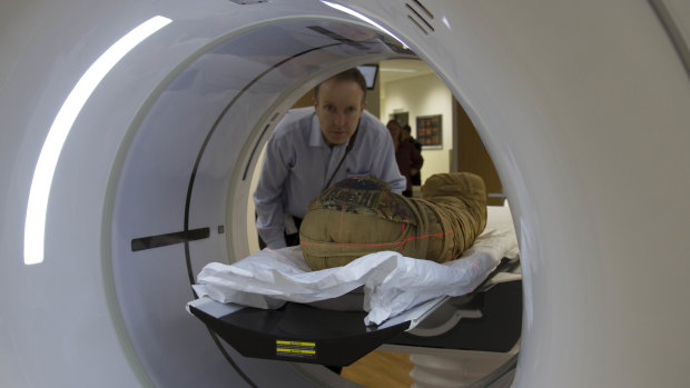 Professor John Magnussen places the mummy of the boy Horus into the CT scanner.