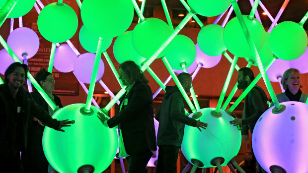 Affinity, a massive, interactive light sculpture representing neurons in the brain is seen on the forecourt of the Arts Centre in Melbourne in 2015. The sculpture was commissioned by Alzheimer's Australia. 