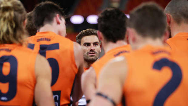 Stephen Coniglio addresses teammates during the round four clash with Collingwood.