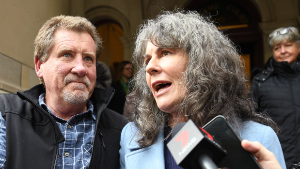 Chrissie Foster and Rob Walsh, advocates for abuse survivors, leave the Victorian Supreme Court. 