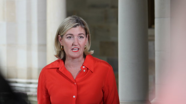 Shadow Treasurer Shannon Fentiman speaks from Parliament House on Wednesday.