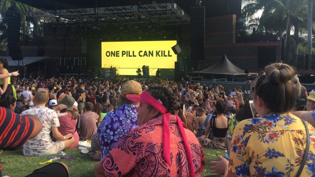 The FOMO Festival crowd at Brisbane's Riverstage were warned about the dangers of taking drugs.