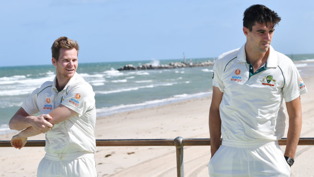 Sunny times ahead? Steve Smith and Pat Cummins at Glenelg in Adelaide.