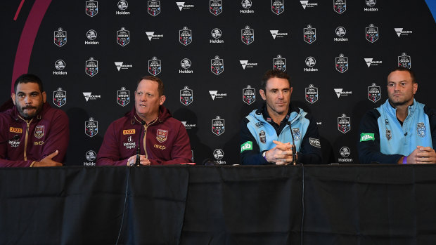 From left: Queensland State of Origin captain Greg Inglis, Queensland coach Kevin Walters, NSW coach Brad Fittler and NSW captain Boyd Cordner.