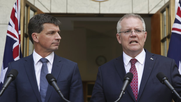 Minister for Energy Angus Taylor and Prime Minister Scott Morrison on Tuesday.