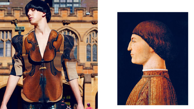 “Violin Jacket” (left) from 2010's "Renaissance Dinosaur" collection, was inspired by Renaissance master Piero della Francesca's "Portrait of Sigismondo Pandolfo Malatesta" (c. 1451), at right.  