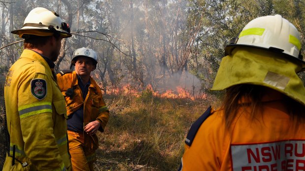 Captain Craig Byrne (centre) from the Grays Point Rural Fire Service and his crew monitor a fire in bushland in Menai on Sunday.