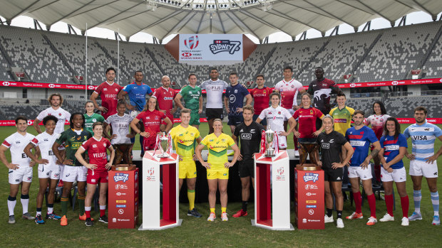 Captains from the men's and women's sides competing at the Sydney Sevens pose for a photo at Bankwest Stadium on Wednesday. 