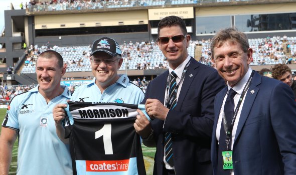 Heavy hitters: Keogh with club skipper Paul Gallen, No.1 ticket holder and now Prime Minister Scott Morrison, and former CEO Lyall Gorman in 2016. 