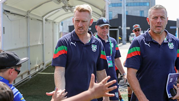 Warriors coach Andrew Webster greets fans during the pre-season.