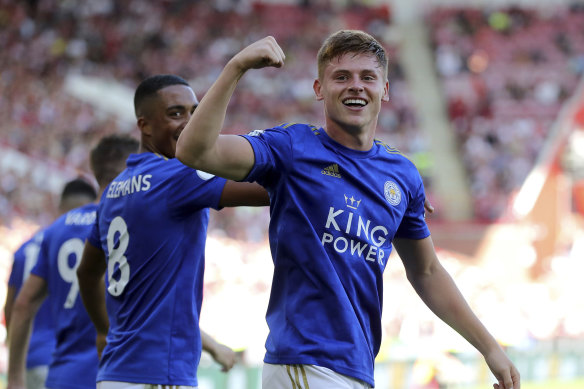 Leicester City's Harvey Barnes after scoring his side's second goal.