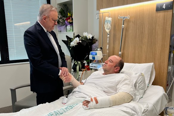 Prime Minister Anthony Albanese meets Bondi hero Ahmed al Ahmed at St George Hospital on Tuesday, 