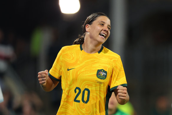 Sam Kerr celebrates after scoring a goal for Australia.