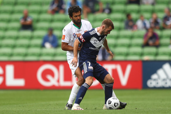 Victory’s Callum McManaman takes on Newcastle’s Nikolai Topor-Stanley.