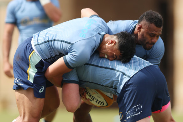 Joseph-Aukuso Suaalii and Samu Kerevi train during a Wallabies training session at Victoria Barracks on Monday.