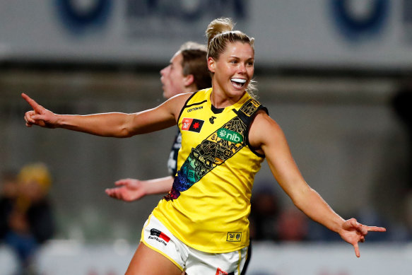 Katie Brennan of Richmond celebrates a goal.