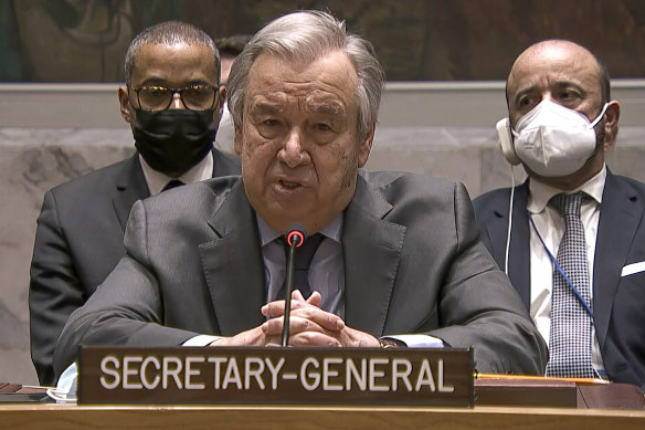 United Nations Secretary-General Antonio Guterres addresses an emergency meeting of the UN Security Council.  