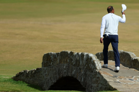 Tiger Woods crosses the Swilcan Bridge at St Andrews – possibly for the last time at a British Open. 