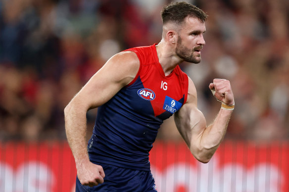 Joel Smith celebrates one of the three goals he kicked against Carlton in last year’s semi-final.