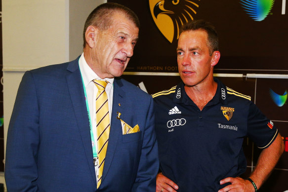 Turbulent relationship: Hawthorn president Jeff Kennett and coach Alastair Clarkson.